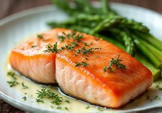 Baked salmon fillet with asparagus spears