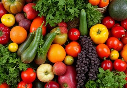 Variety of colourful seasonal fruits and vegetables